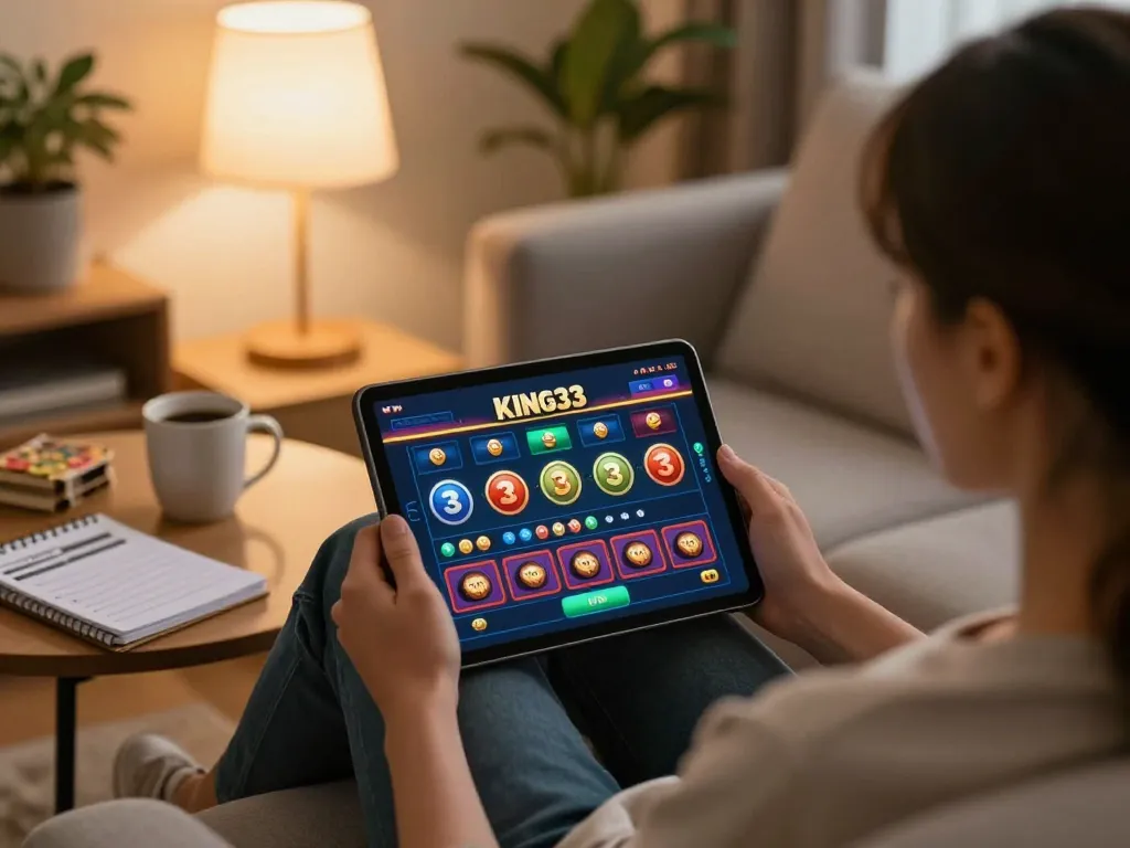 Enjoying online betting at king33 with a tablet in a cozy home atmosphere