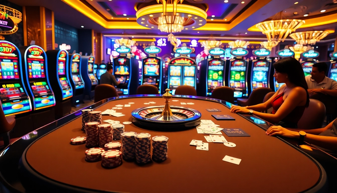 33WIN casino players eagerly engaging at a luxurious table with cards and chips.