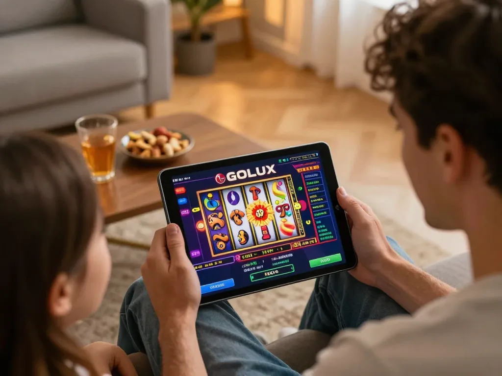 Engaged player using LGOLUX app for online gaming in a cozy living room setup.