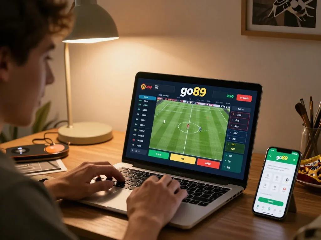 Engaging live sports betting on go89 with excited player making bets on football match.