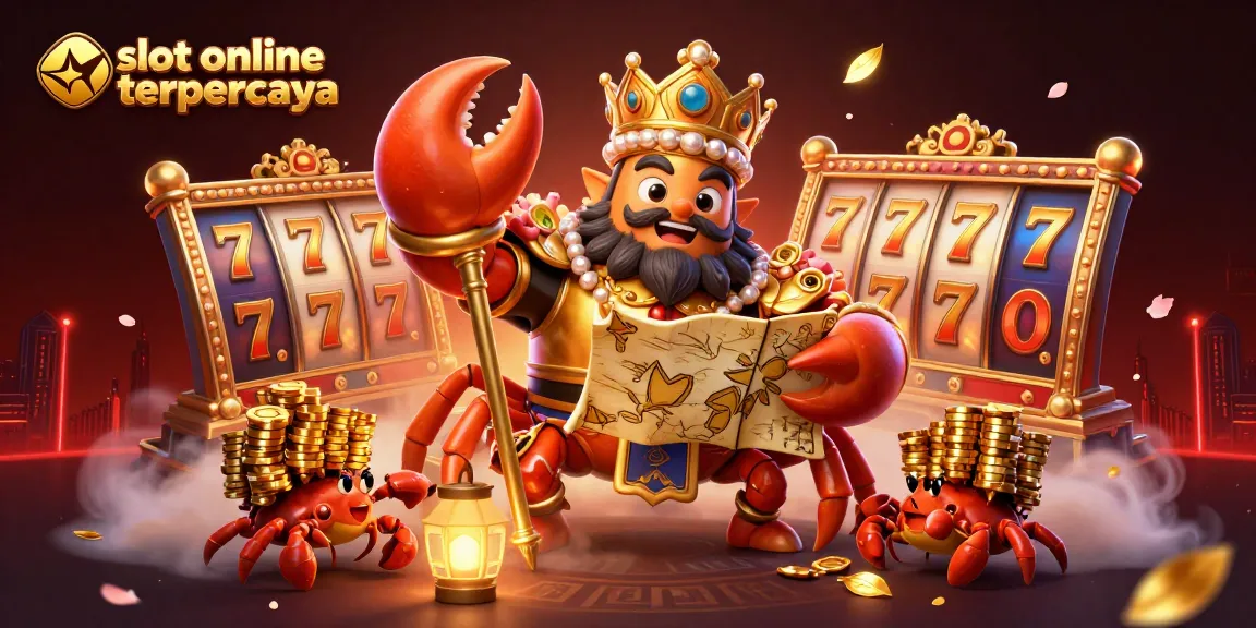 Engage with slot online terpercaya featuring a golden crab emperor and vibrant slot game elements.