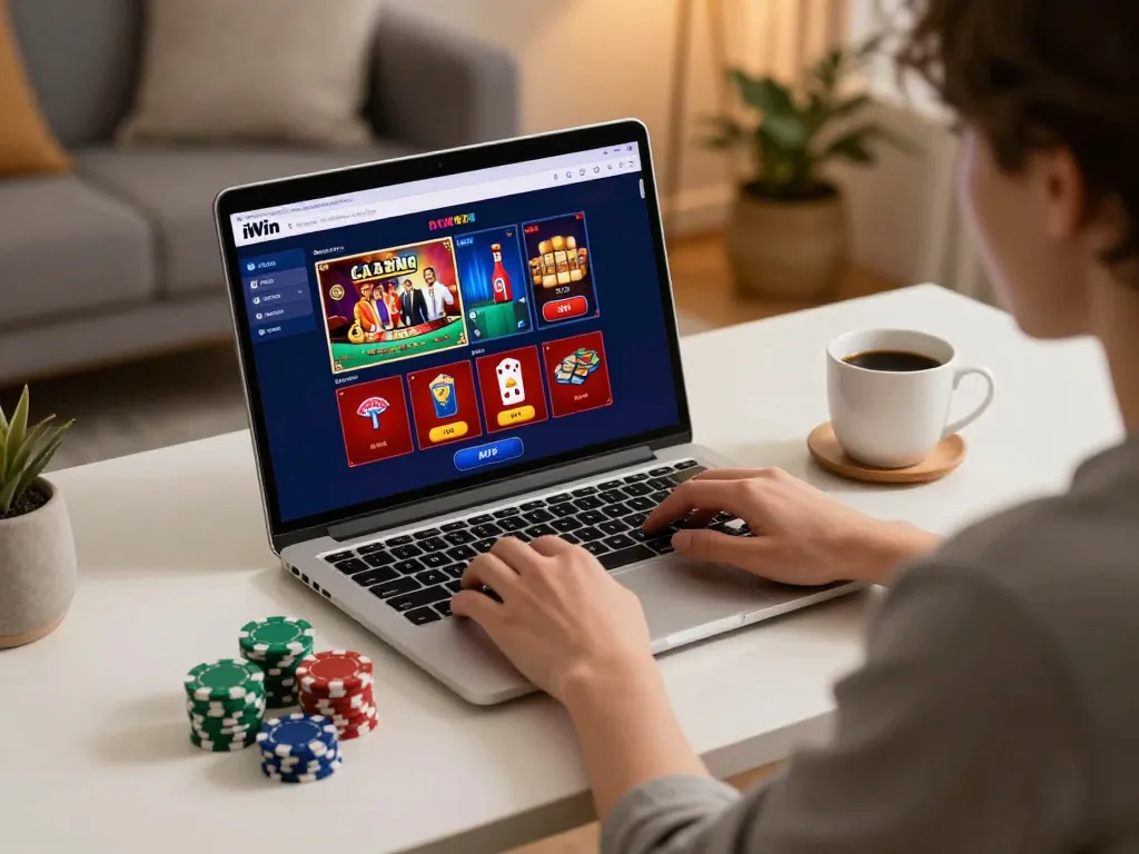 Player utilizing iWin platform for strategic online gambling in a cozy home environment.