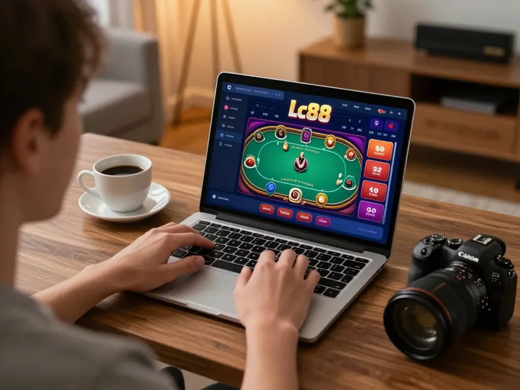 Engaging with the Lc88 game on a laptop in a cozy home office, showcasing online gaming.