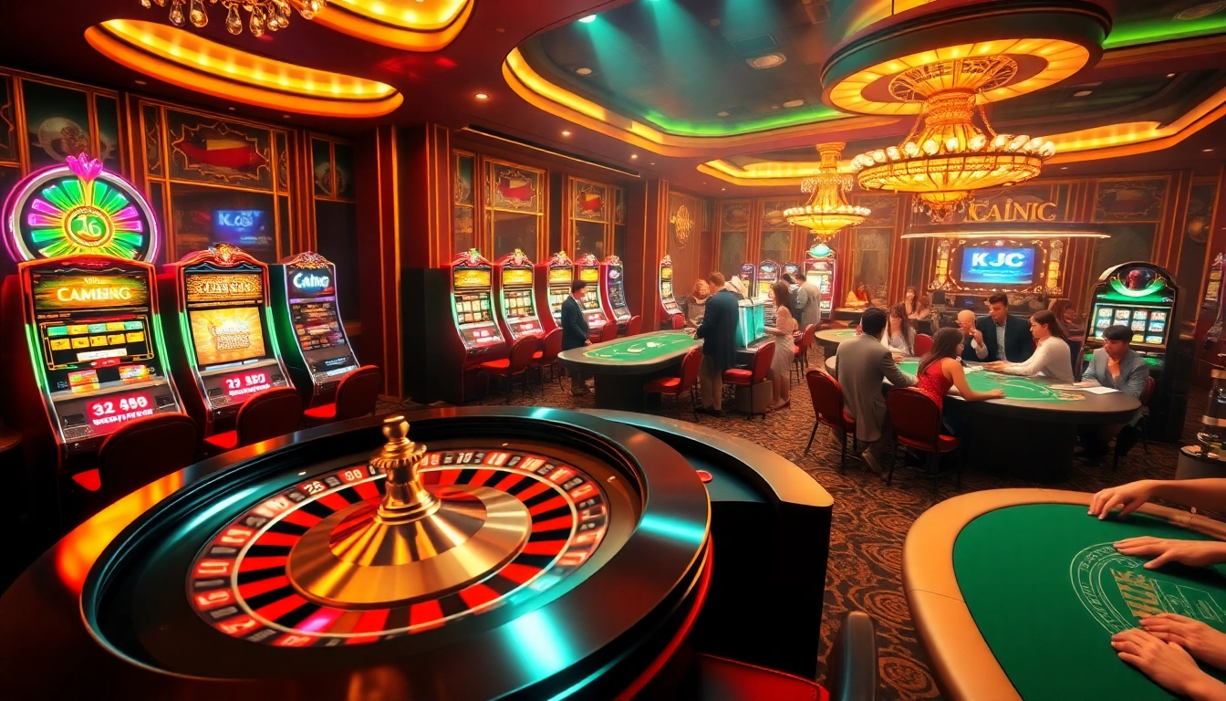 KJC casino scene with roulette, slot machines, and players immersed in thrilling games.
