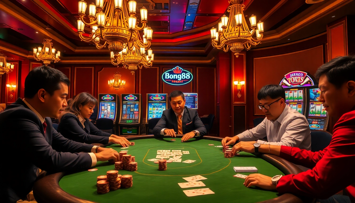 Bong88 poker table scene with intense players and a professional dealer in an upscale casino.