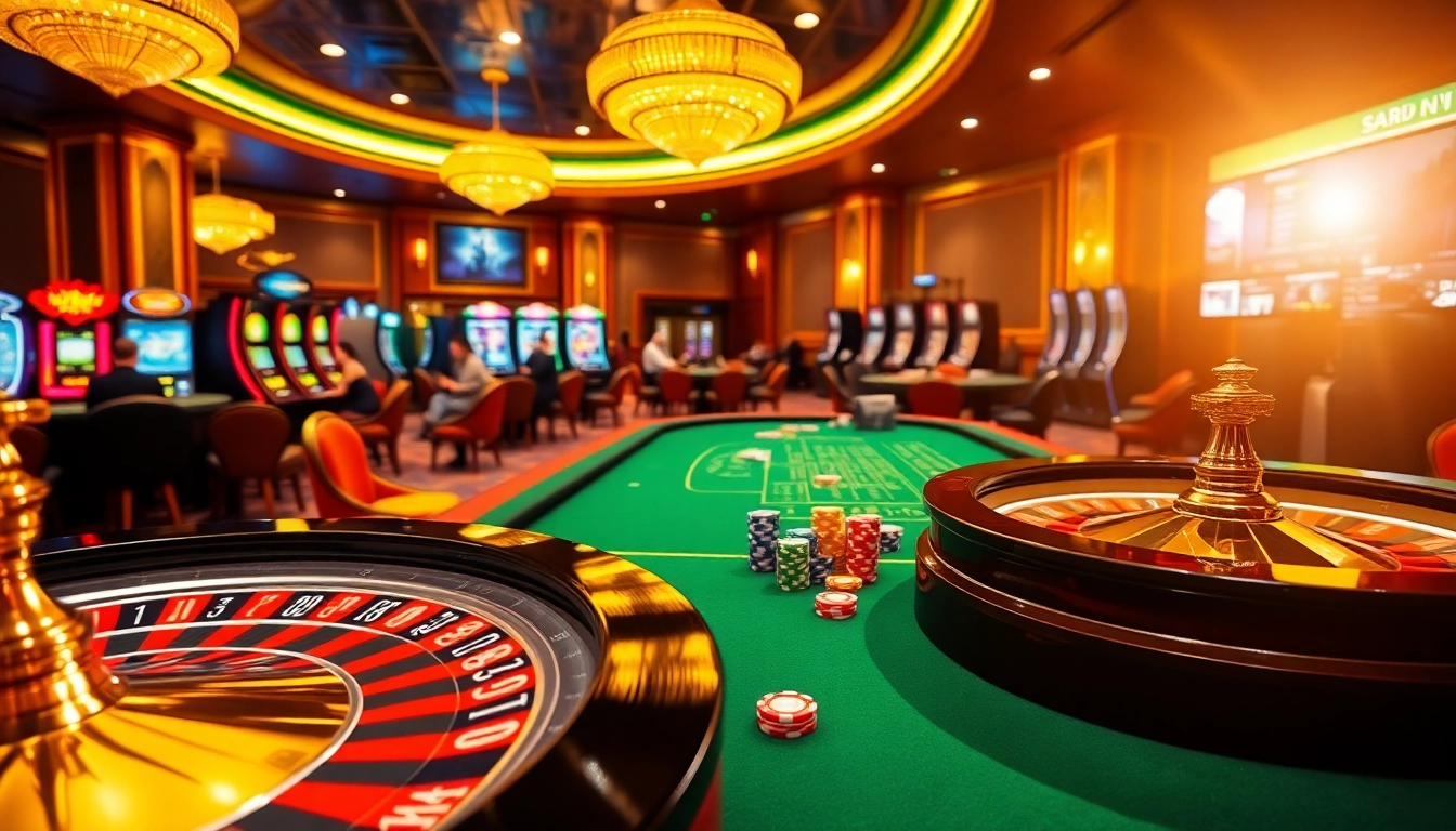 A vibrant casino scene with roulette and poker, reflecting the excitement of https://789win.associates/ for gamers.