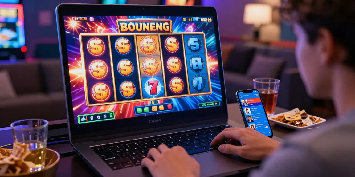 Exciting gaming atmosphere with bonus buy slots on screen, player engaged in online casino experience.
