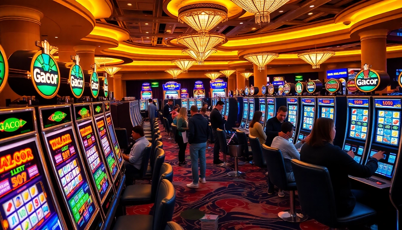 Players enjoying gacor slot machines with vibrant colors and casino elements in a luxurious setting.