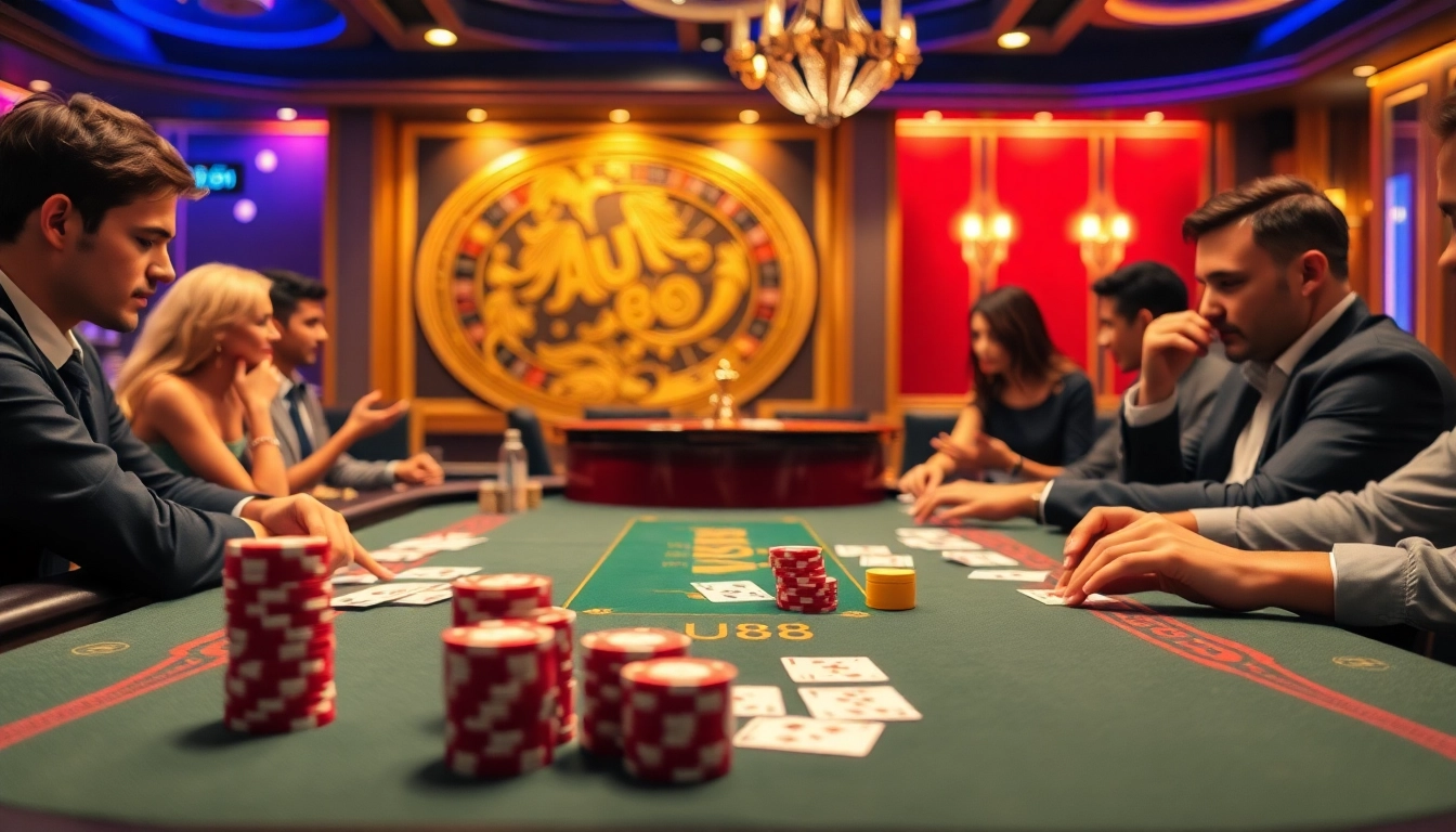 Players enjoying poker at the AU88 casino table with vibrant atmosphere and luxury elements.