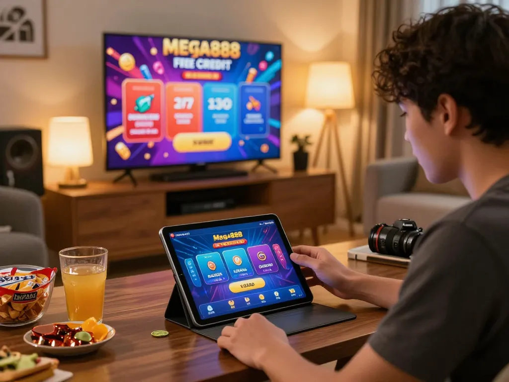 Player utilizing free credit mega888 in a cozy home gaming scene with promotional banners and engaging atmosphere.