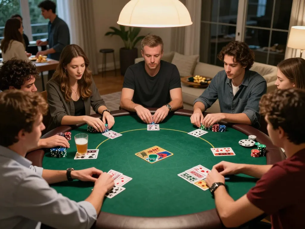 Kuwin players enjoying an engaging poker game at a cozy home gathering with vibrant cards and chips.