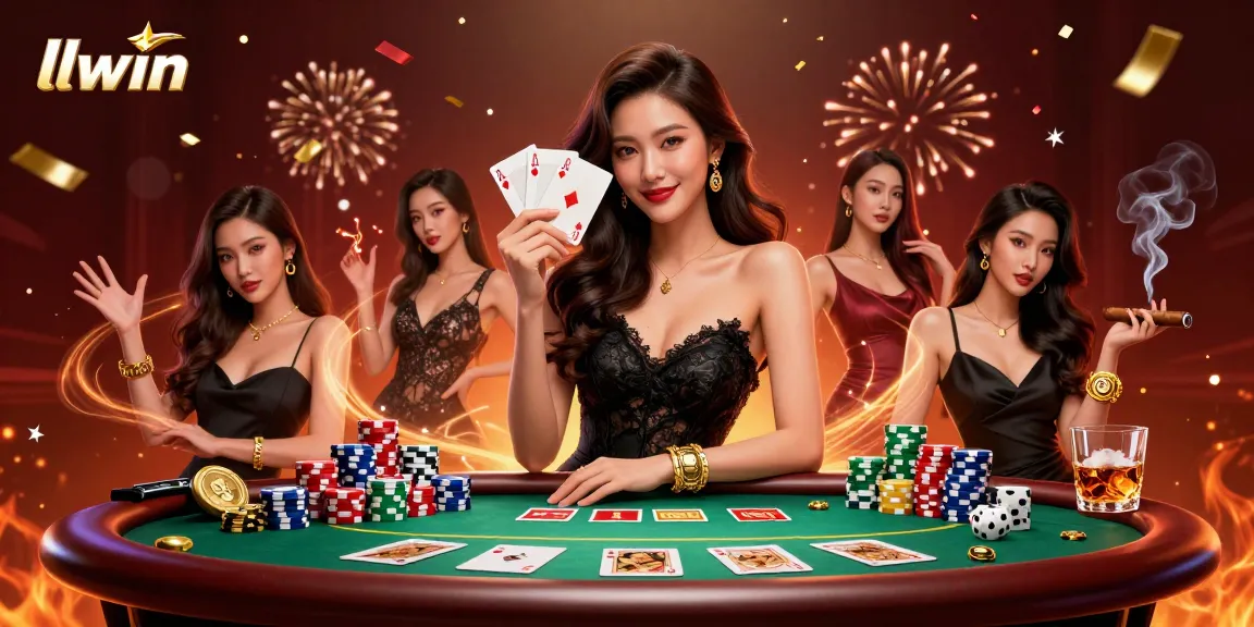 llwin casino illustration featuring an elegant Asian woman holding playing cards amidst vibrant poker elements.