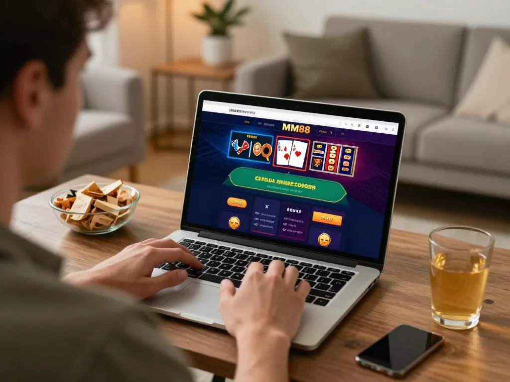 Player logging into MM88 đăng nhập online casino on a laptop in a cozy home setting.