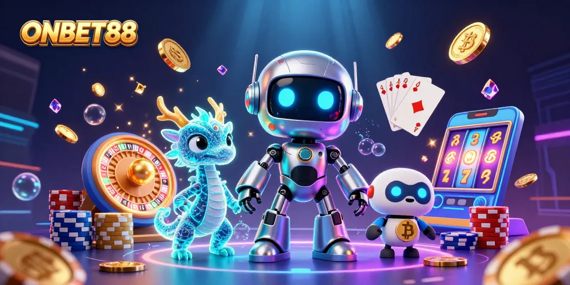Engage in thrilling gameplay with ONBET88, featuring a futuristic casino scene with vibrant robots and dazzling game elements.