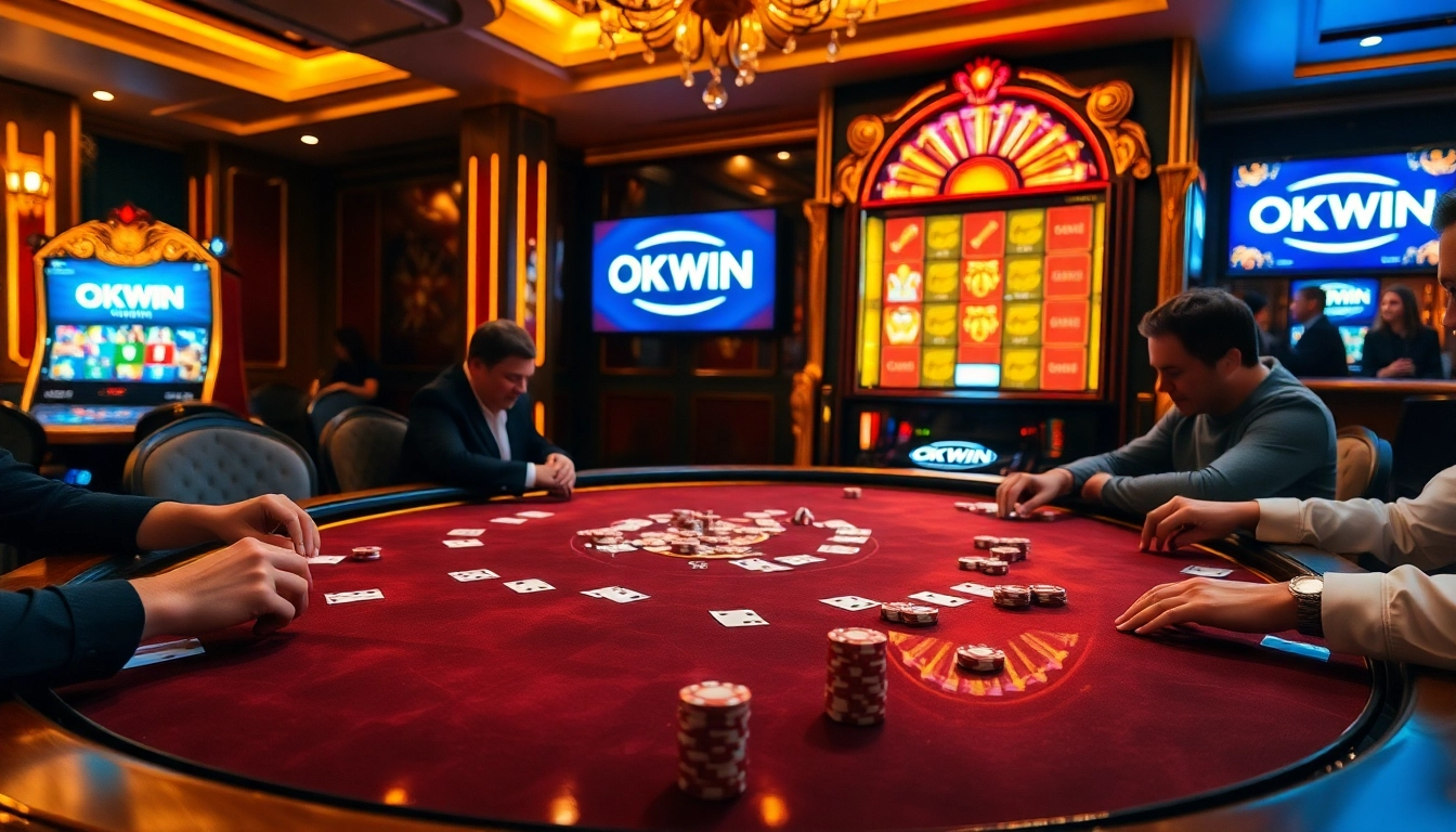 Players enjoying poker at an elegant OKWIN casino table, surrounded by vibrant slot machines.
