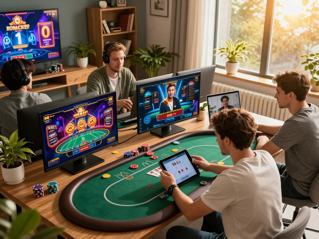 SC88 players engaging in dynamic online gaming strategies through multiple devices in a cozy home environment.