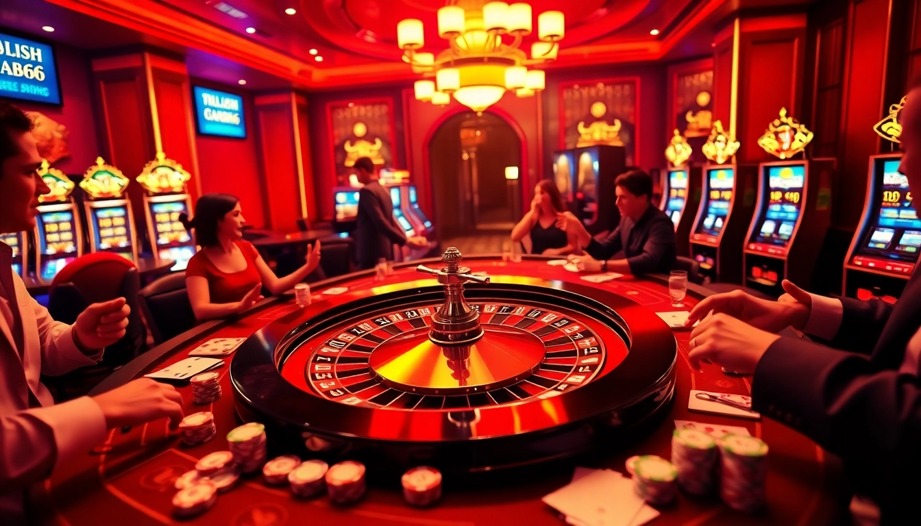 Excited players engaging in high-stakes gaming at MB66 casino table surrounded by vibrant atmosphere.