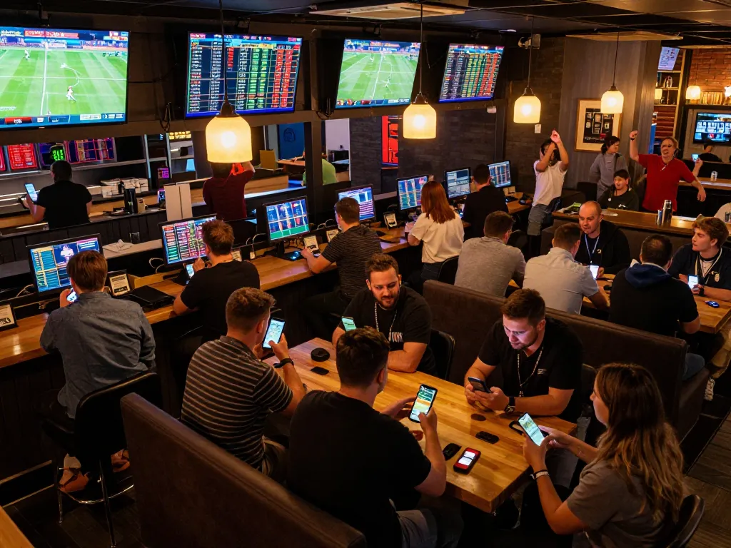 Active sports betting scene showcasing bettors engaged with 789win com for real-time odds and vibrant atmosphere.