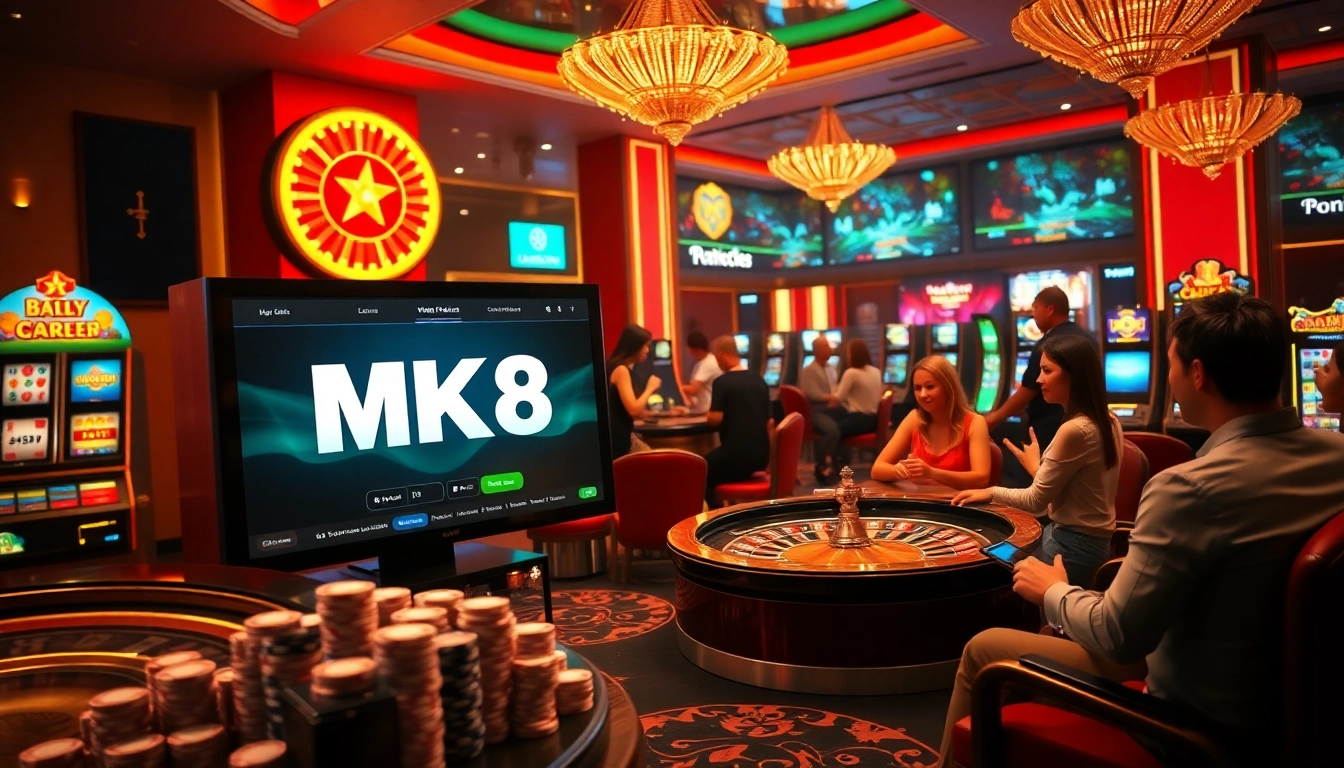 Engaged gamblers celebrate MK8's thrilling casino promotions and games in a luxurious setting.