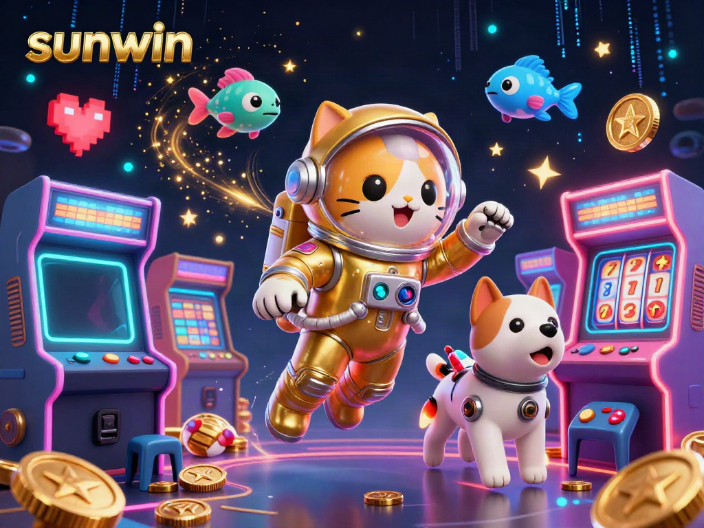 Experience captivating gameplay with sunwin in this dynamic 3D casino illustration featuring vibrant characters and games.