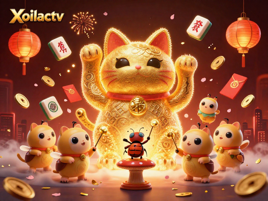 Xoilactv engages players with a vibrant, 3D lucky cat surrounded by casino elements and festive details.