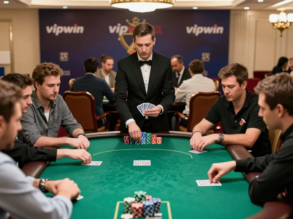 Players at vipwin poker table concentrating on their strategies during a high-stakes tournament