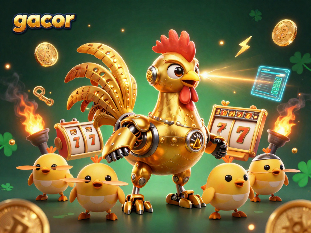 Play winning gacor slots with a golden rooster robot leading an adventurous crew in this captivating illustration.