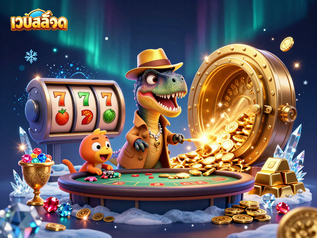 Engage with เว็บสล็อต as a velociraptor card counter sneaks at a lively blackjack scene.