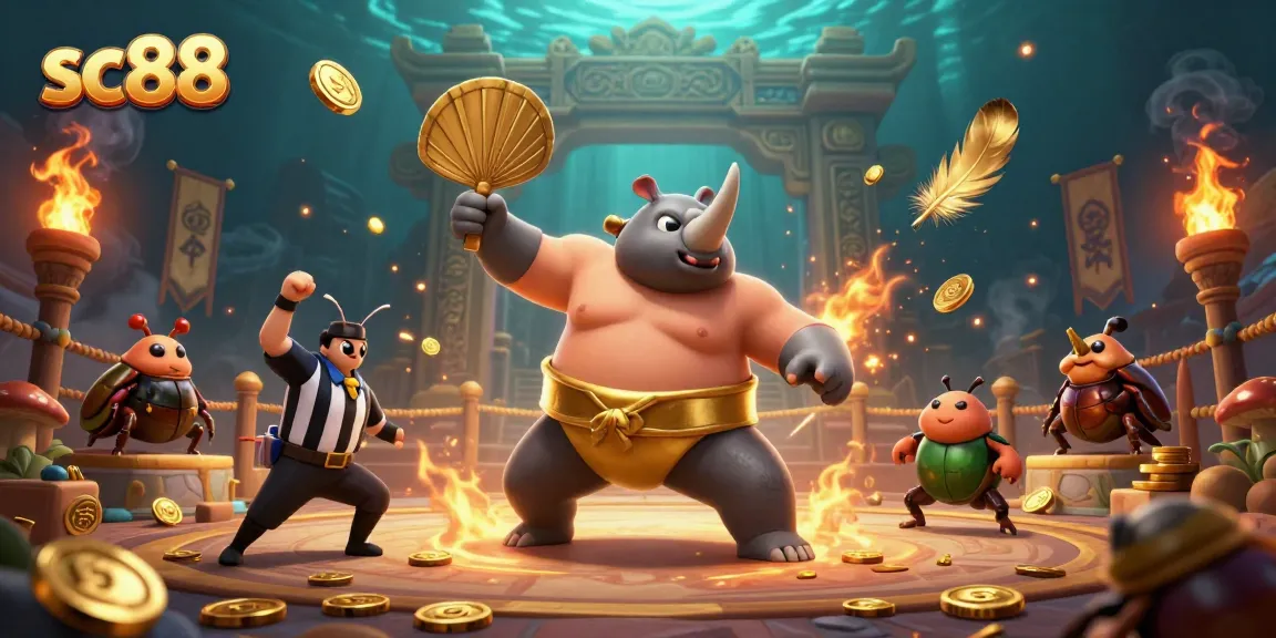 Unleash vibrant action at sc88 with beetle sumo wrestling amid coins and flames.