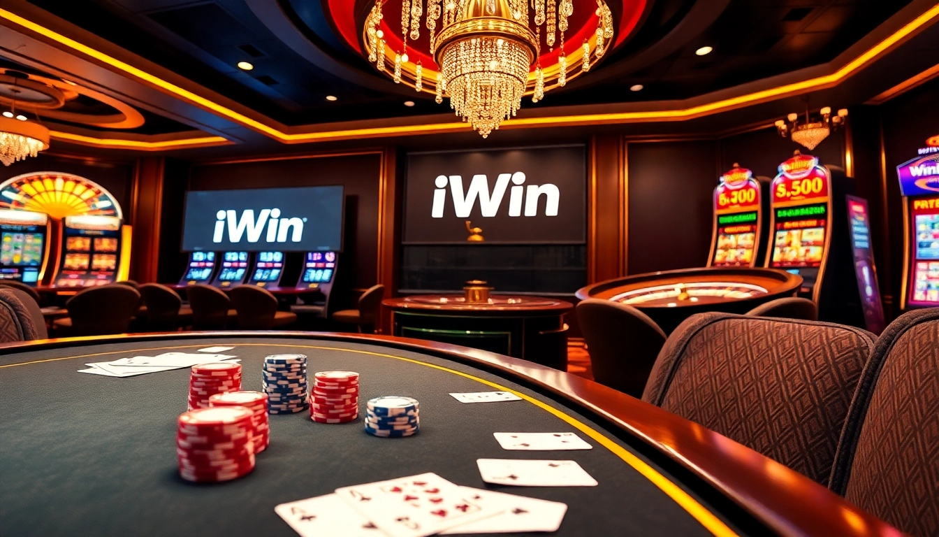 Play thrilling games at iWin’s luxurious casino with vibrant slot machines and poker tables.