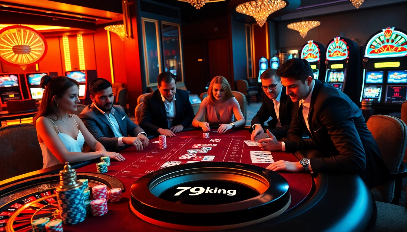 Action-packed gambling scene at 79king casino featuring poker and roulette tables.