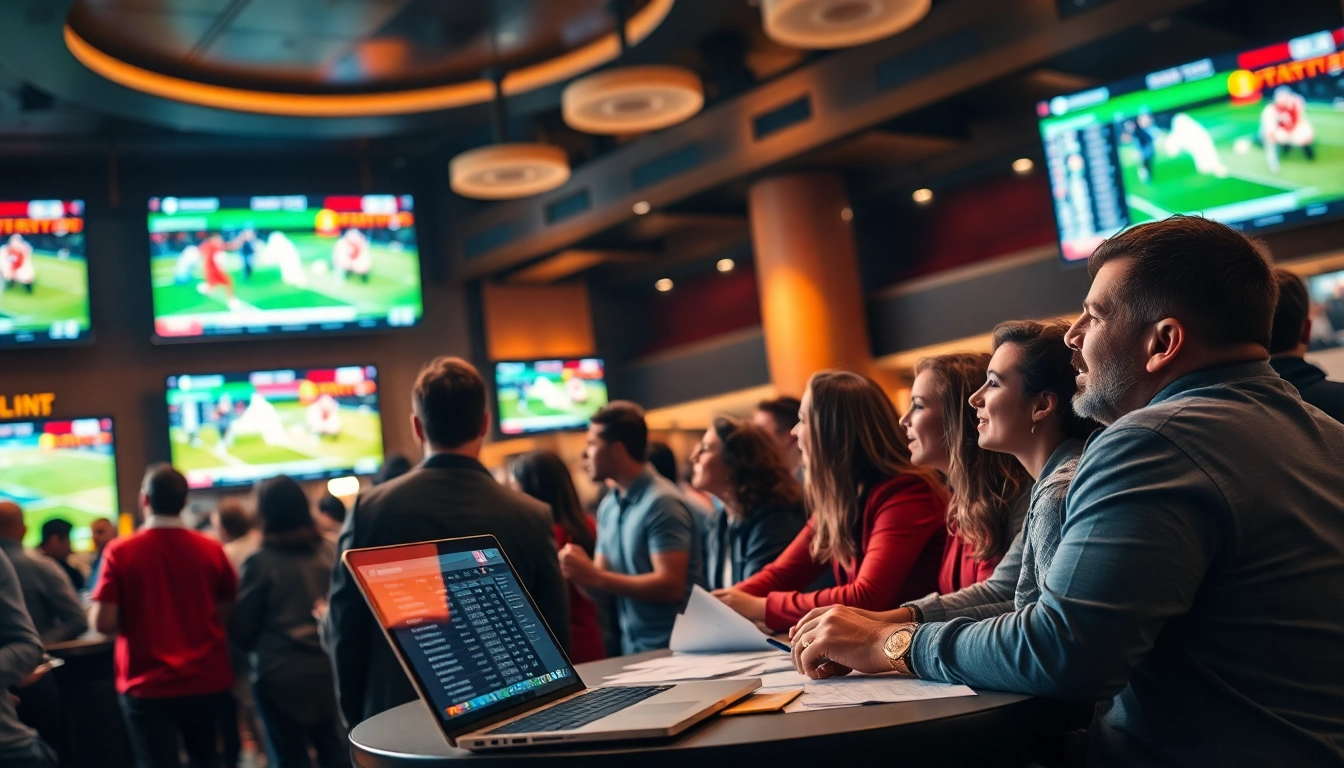 Engaging sports betting atmosphere with bettors enjoying live games and updated odds.