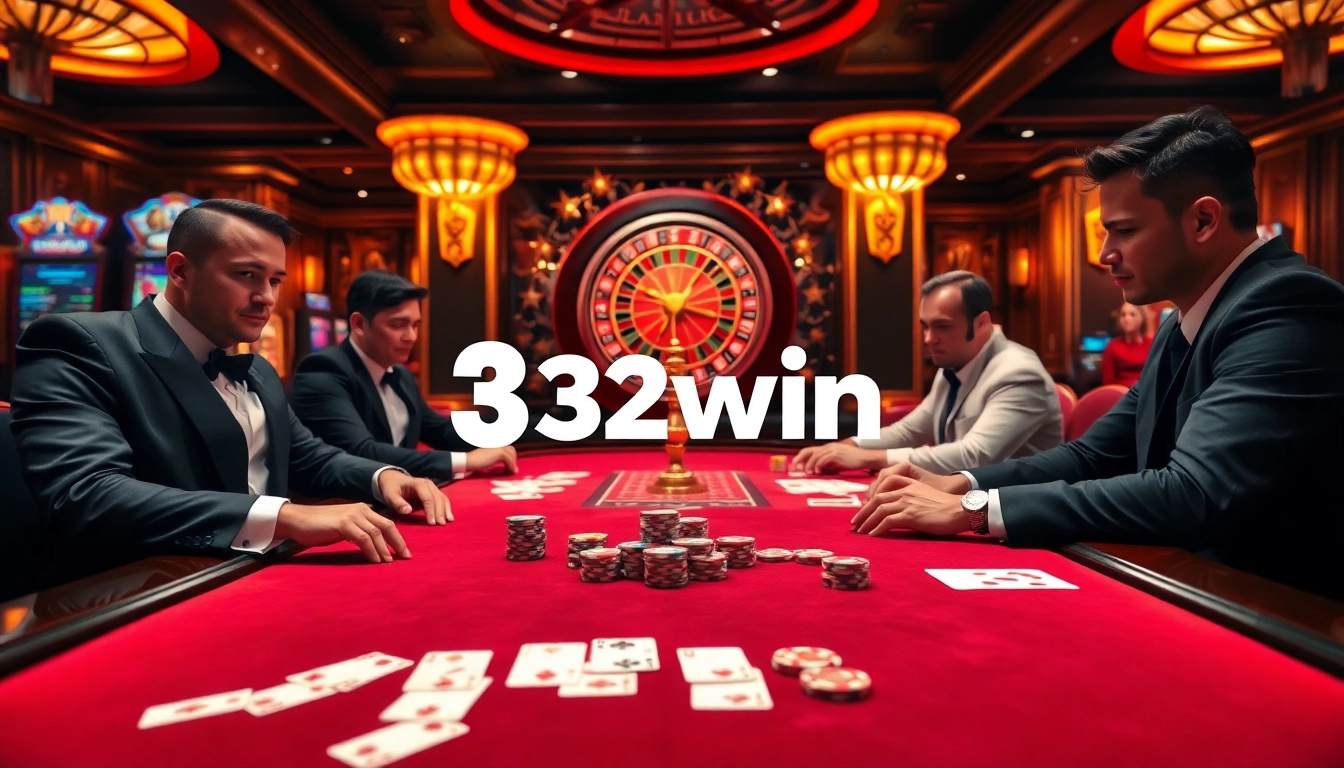 32win players enjoying a high-stakes poker game with vibrant cards and chips.