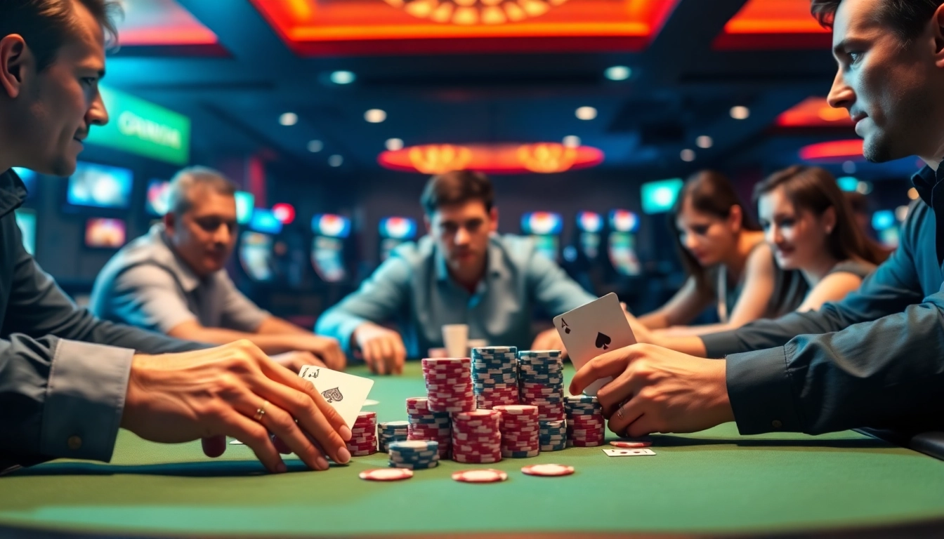 Engaging poker game scene with intense players and vibrant casino atmosphere.