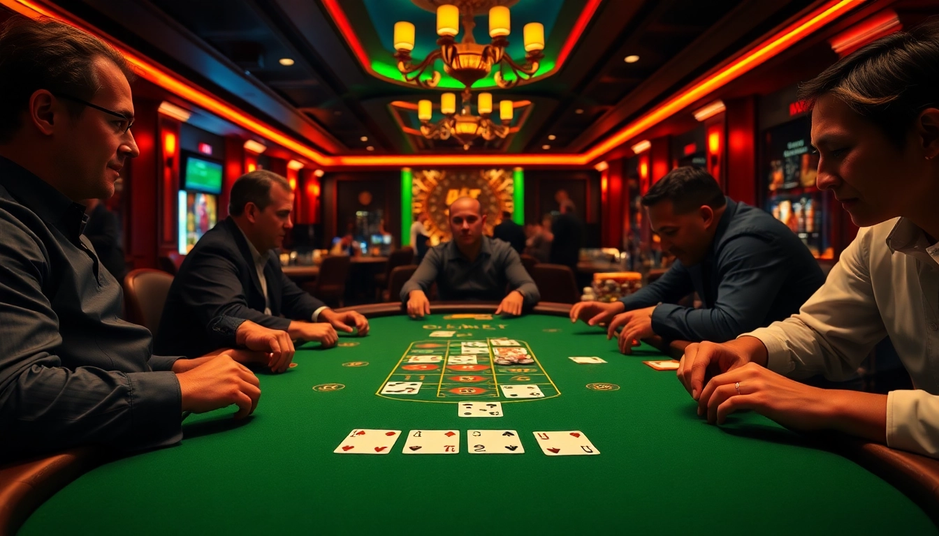 Experience the excitement of Blackjack Casino with players enjoying a thrilling game at a beautifully set table.