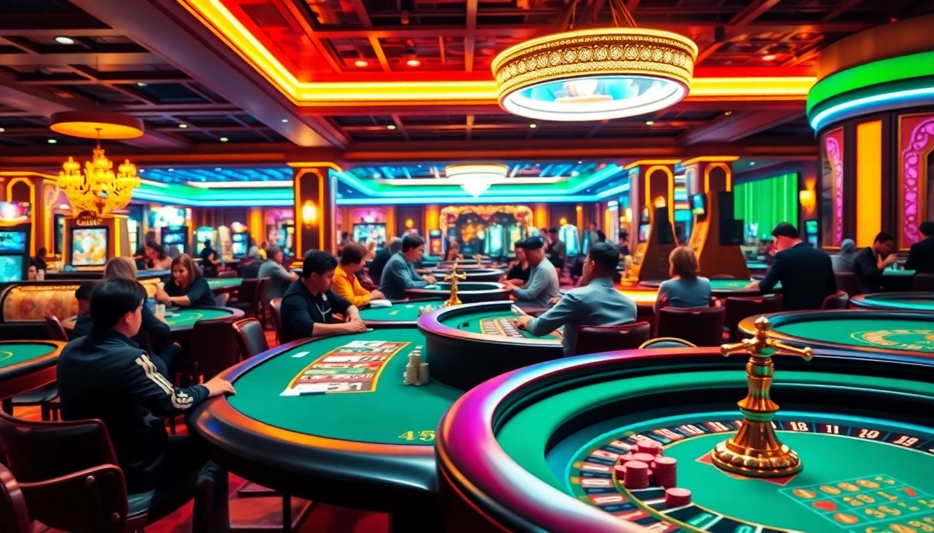 Engaging casino gaming scene with players enjoying poker and roulette.