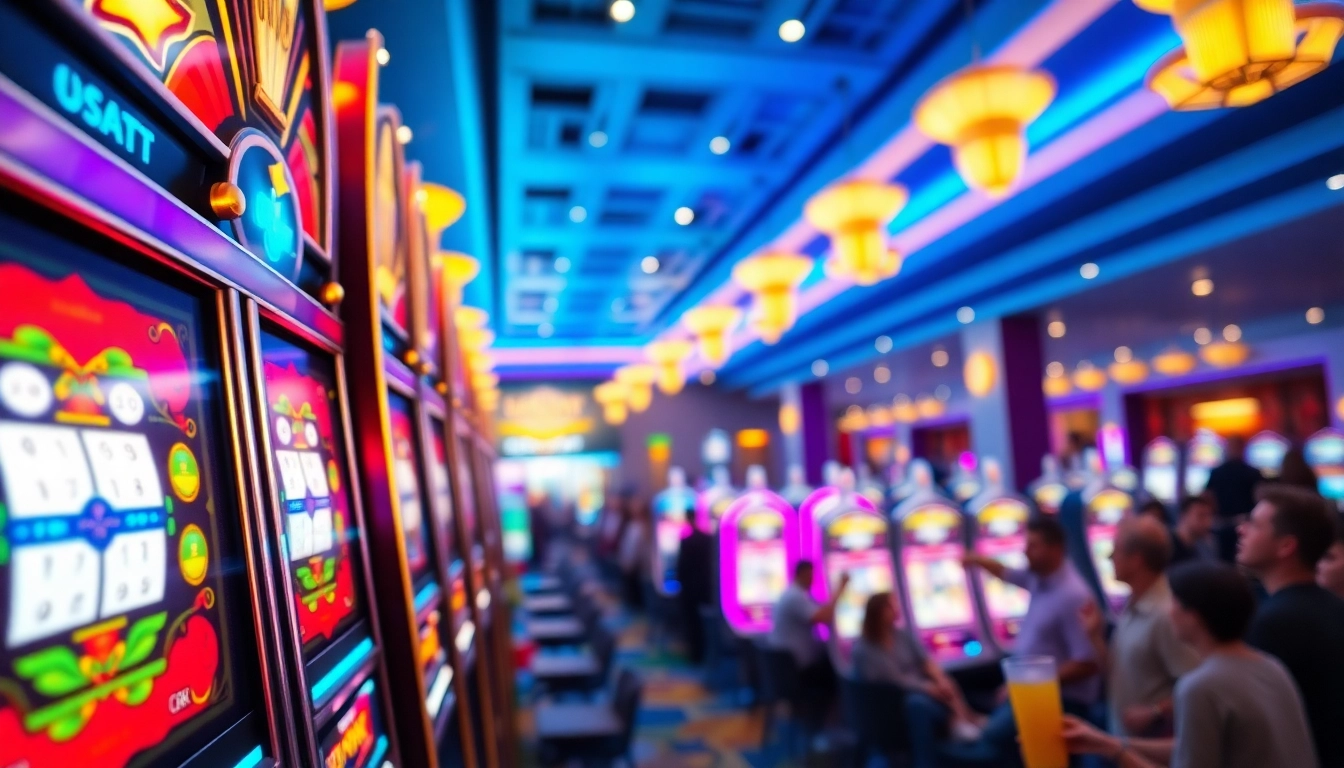 Permainan Slot Game yang menarik dengan mesin slot berwarna-warni di kasino.