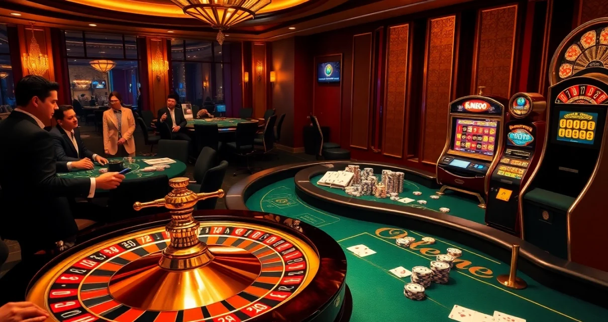 OK8386 highlights an exciting casino scene with roulette, poker, and slot machines.