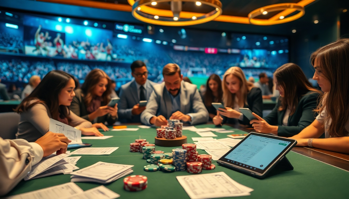 Experience online Betting with a vibrant sportsbook scene featuring engaged players and modern technology.