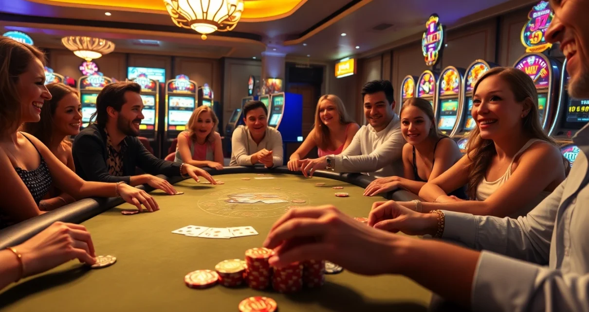 Players experience the excitement of JILI slot games at a vibrant casino table.