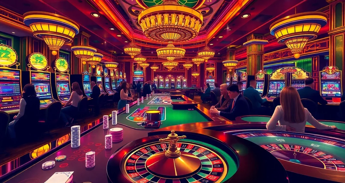 Dynamic scene of high-stakes gaming at https://www.kjc.global/, featuring poker tables and roulette wheels.