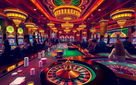 Dynamic scene of high-stakes gaming at https://www.kjc.global/, featuring poker tables and roulette wheels.