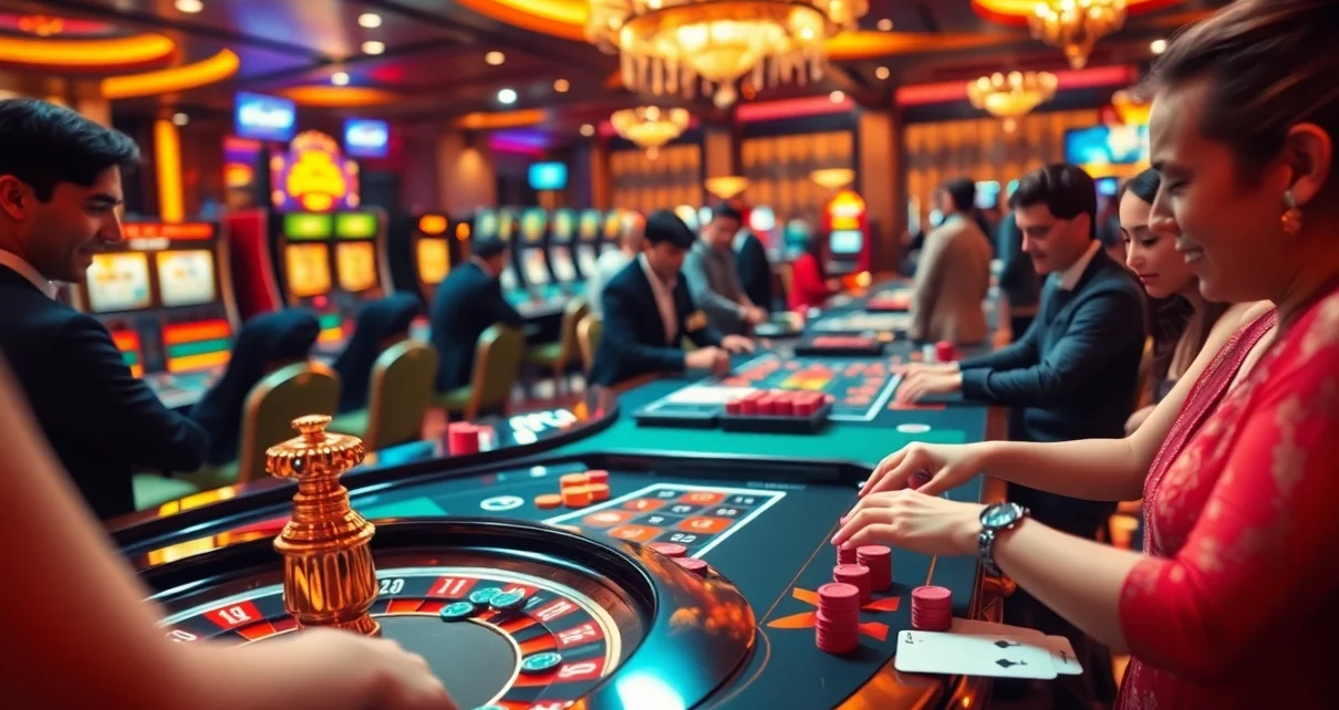 Excited players enjoying a game at BL555's lavish casino, with roulette and poker tables.