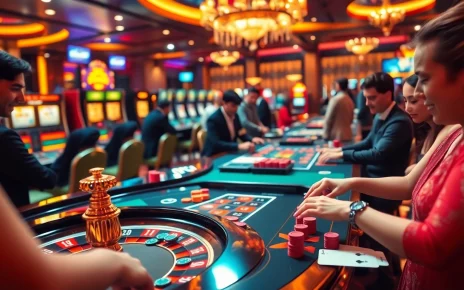 Excited players enjoying a game at BL555's lavish casino, with roulette and poker tables.