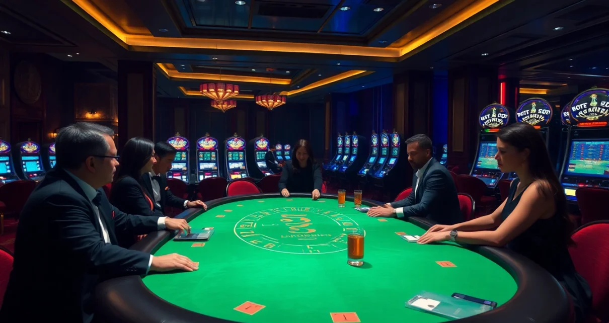 Nohu-themed high-stakes poker action with elegantly dressed players and luxurious casino atmosphere.