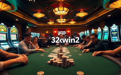 High-stakes poker action at a luxurious casino table featuring 32win2 betting elements.