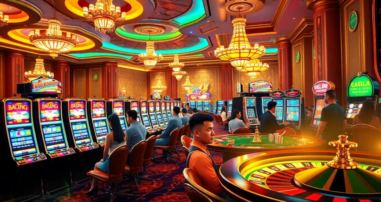 Players engaging with vibrant 슬롯사이트 slot machines in a luxurious casino setting.