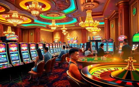 Players engaging with vibrant 슬롯사이트 slot machines in a luxurious casino setting.