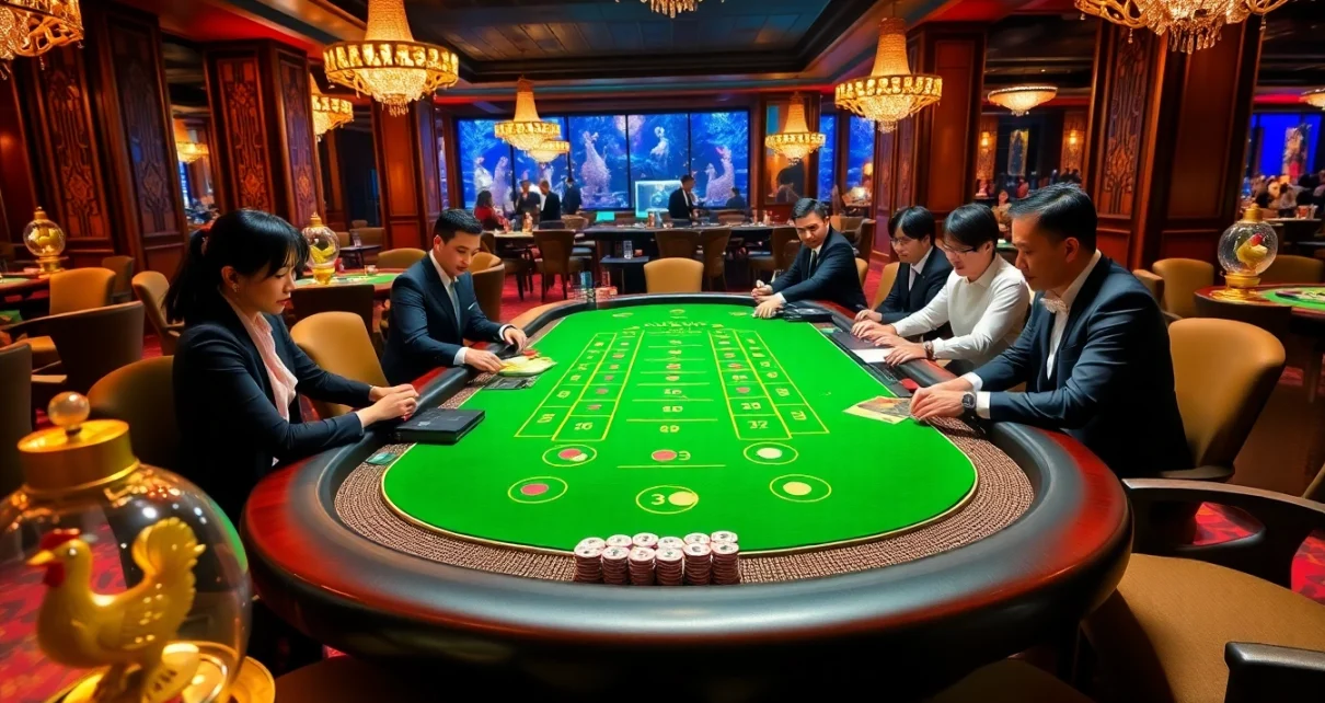 High-stakes baccarat action at BJ888, showcasing thrilling Đá Gà Thomo with vibrant casino ambiance.