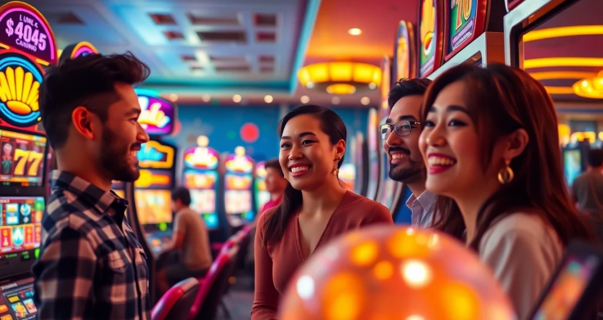 Situs kode4d gaming scene featuring vibrant slot machines and excited players in a modern casino atmosphere